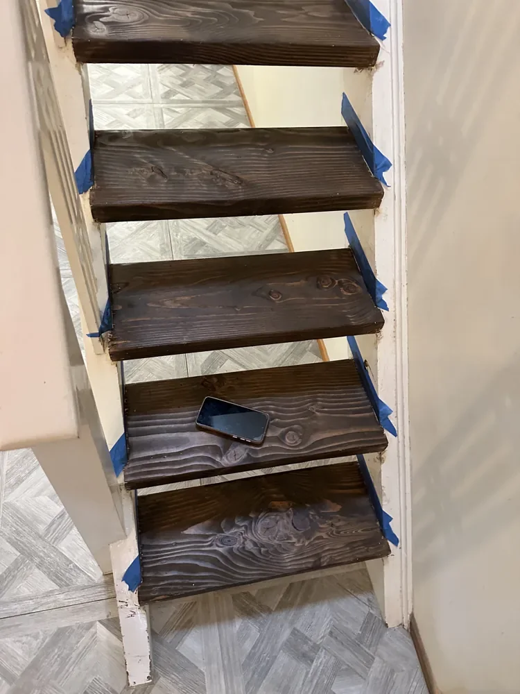 Timber Stair Restoration — Helensville — Finish application in progress