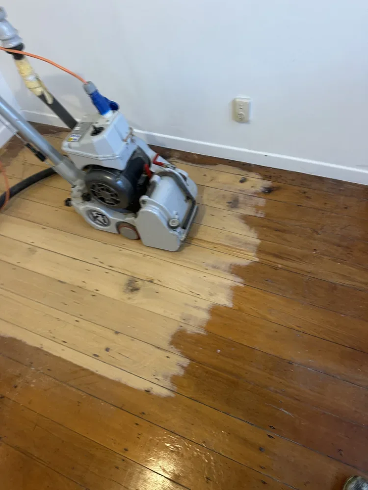 Timber Floor Restoration — Riverhead — Machine sanding in progress
